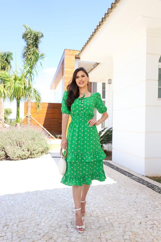 Vestido Crepe Mangas Princesa Verde Jany Pim Moda Evangélica