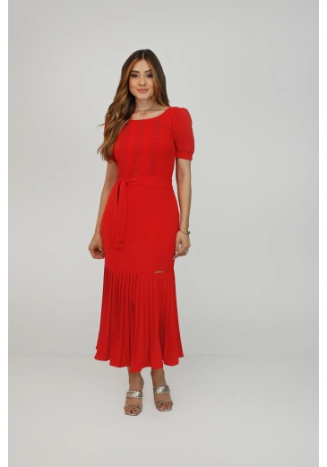 Vestido Kelly Maxi Midi Em Crepe Barra Manga Estilo Princesa Vermelho Nítido Primavera/Verão 2025