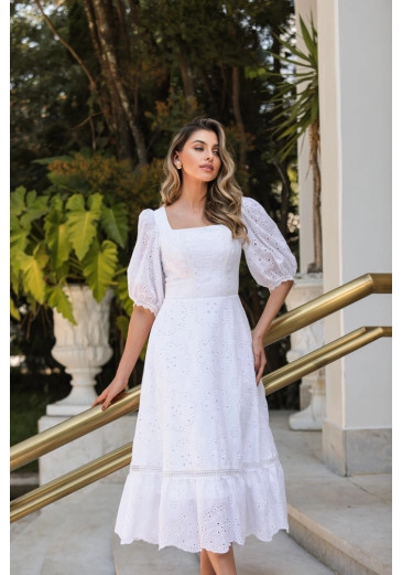 Vestido Midi em Laise e Guipir Off White Doce Maria Primavera/Verão 2025 