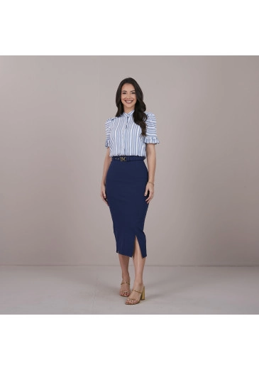 Saia Suzani em Bandagem Bali com Cinto Exclusivo Azul Marinho Tatá Martello Primavera/Verão 2025